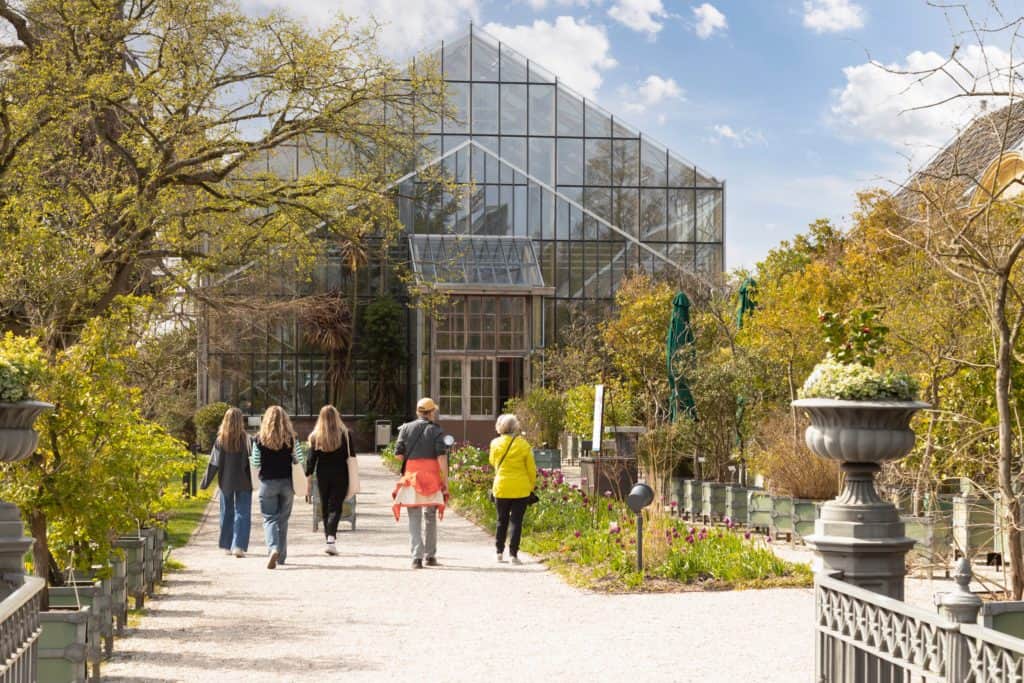 Mensen lopen bij Hortus Botanicus
