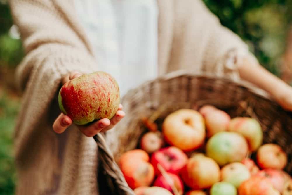 woman holds an apple