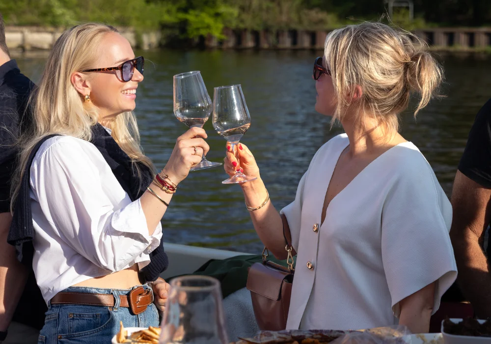 2 Damen stoßen mit Wein an