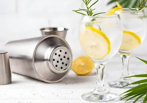 Glass of gin and tonic with a cocktail shaker on a table