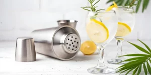 Gin und Tonic mit einem Cocktail-Shaker auf dem Tisch