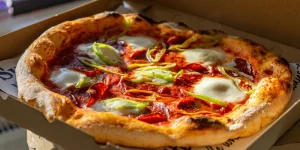 Pizza in einer Schachtel auf dem Pizzaboot Amsterdam