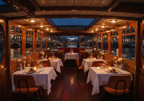 Interieur van een salonboot met gedekte tafels en kaarsjes 's avonds